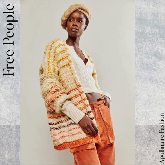 FREE PEOPLE RAINBOW FUZZ CARDI SWEATER IN CREAM COMBO NWT - Picture 3 of 9